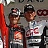 Frank Schleck auf der dritten Stufe des Siegerpodestes bei L�ttich-Bastogne-L�ttich 2008 mit Valverde und Rebellin